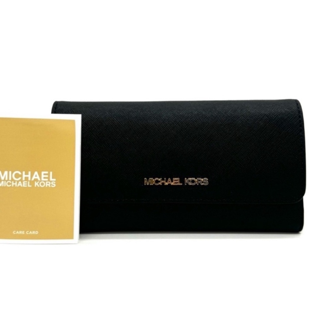 Michael Kors Large Trifold Wallet Black Leather Rich Black/Gold